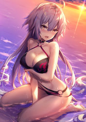Rule 34 | 1girl, ahoge, arm under breasts, bare shoulders, between legs, bikini, black bikini, black choker, blush, breasts, choker, cleavage, collar, collarbone, commentary request, fate/grand order, fate (series), hair between eyes, hand between legs, jeanne d&#039;arc alter (swimsuit berserker) (fate), jeanne d&#039;arc (fate), jeanne d&#039;arc alter (fate), jeanne d&#039;arc alter (swimsuit berserker) (fate), large breasts, long hair, looking at viewer, navel, o-ring, o-ring bikini, o-ring bottom, o-ring top, ocean, open mouth, partially submerged, riichu, seiza, silver hair, sitting, sunset, swimsuit, water, wet, yellow eyes