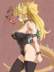 Rule 34 | 1girl, abs, armlet, bare shoulders, black leotard, black thighhighs, blonde hair, blue eyes, blush, bowsette, bracelet, breasts, breath weapon, breathing fire, castle, collar, crown, d1975, fire, from side, gem, highres, horns, jewelry, large breasts, leotard, mario (series), muscular, muscular female, new super mario bros. u deluxe, nintendo, ponytail, spiked bracelet, spiked collar, spikes, strapless, strapless leotard, super crown, sweat, tail, thighhighs, thighs, turtle shell