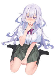 Rule 34 | 1girl, alt text, black socks, blush, bow, bowtie, breasts, collared shirt, commentary, cover image, covering crotch, covering privates, dress shirt, finger to mouth, full body, hair intakes, highres, kneehighs, light purple hair, long hair, medium breasts, nagu, no shoes, official art, parted lips, pleated skirt, purple bow, purple bowtie, purple eyes, school uniform, shirt, short sleeves, simple background, sitting, skirt, socks, solo, striped bow, striped bowtie, striped clothes, symbol-only commentary, takasaki shizuka, very long hair, wariza, watashi yori tsuyoi otoko to kekkonshitai no, white background, white shirt