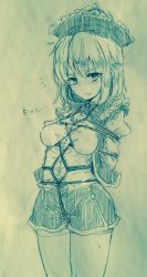 Rule 34 | 1girl, bdsm, blush, bondage, bound, breasts, buttons, cowboy shot, crescent, efukei, flying sweatdrops, hat, highres, looking at viewer, lunasa prismriver, medium breasts, monochrome, nose blush, puffy sleeves, short hair, skirt, solo, sweat, touhou, traditional media