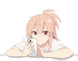 Rule 34 | 1girl, akino sora, cellphone, closed mouth, collared shirt, hair between eyes, highres, holding, holding phone, looking at viewer, original, phone, pink hair, red eyes, shirt, short sleeves, simple background, solo, upper body, white background, white shirt