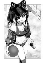 Rule 34 | 1girl, alternate hairstyle, animal ears, ball, breasts, cat ears, cleavage, collarbone, cosplay, feet out of frame, from above, gouta (nagishiro6624), greyscale, highres, jacket, kantai collection, knee pads, medium breasts, monochrome, navel, open clothes, open jacket, ponytail, shigure (kancolle), shigure kai ni (kancolle), single knee pad, single sidelock, solo, south dakota (kancolle), south dakota (kancolle) (cosplay), sports bikini, visor cap