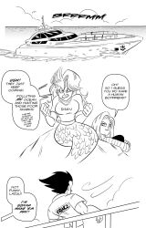 Rule 34 | 1boy, 2girls, android 18, angry, back turned, black hair, boat, boulder, breasts, bulma, cloud, dragon ball, dragonball z, english text, fins, fish tail, funsexydb, greyscale, highres, large breasts, long hair, mermaid, monochrome, monster girl, monsterification, multiple girls, ocean, prince, scales, sound effects, spiked hair, tail, vegeta, watercraft, yacht