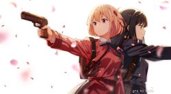 Rule 34 | 2girls, back-to-back, backpack, bag, black hair, blonde hair, blue dress, blue ribbon, cherry blossoms, closed mouth, collared shirt, commentary request, dress, grey dress, gun, hair ribbon, handgun, holding, holding gun, holding weapon, inoue takina, long hair, long sleeves, lycoris recoil, lycoris uniform, multiple girls, neck ribbon, nishikigi chisato, one side up, petals, purple eyes, red dress, red eyes, red ribbon, ribbon, shirt, short hair, sidelocks, to ro maru, twitter username, two-tone dress, upper body, weapon, white shirt