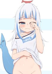 Rule 34 | 1girl, alternate costume, blue eyes, blue hair, bottomless, breasts, clothes lift, collarbone, ebi-chan (gawr gura), fins, fish tail, gawr gura, highres, hololive, hololive english, lifting own clothes, long hair, medium hair, multicolored hair, navel, shark girl, shark tail, shirt, shirt lift, shrimp, simple background, small breasts, solo, stomach, streaked hair, tail, tenroy, two-tone hair, virtual youtuber, white hair, white shirt