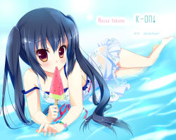 Rule 34 | 1girl, ameto yuki, bad id, bad pixiv id, barefoot, blue hair, blush, bracelet, dress, eating, food, frills, fruit, jewelry, k-on!, legs, long hair, lying, multicolored eyes, nakano azusa, on side, partially submerged, popsicle, solo, strap slip, twintails, water, watermelon, watermelon bar, wet, wet clothes