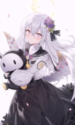 Rule 34 | 1girl, absurdres, azusa (blue archive), black dress, black sailor collar, blue archive, closed mouth, commentary request, dress, feathered wings, flower, grey hair, hair between eyes, hair flower, hair ornament, halo, highres, hugging object, jacket, long sleeves, looking at viewer, low wings, open clothes, open jacket, petals, pink background, pink eyes, pink flower, pink rose, puffy long sleeves, puffy sleeves, purple flower, revision, roi (liu tian), rose, sailor collar, simple background, solo, stuffed toy, white jacket, white wings, wings