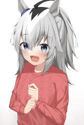 Rule 34 | 1girl, :d, absurdres, ahoge, animal ears, black hair, blue eyes, blush, cable knit, casual, grey eyes, grey hair, highres, horse ears, long hair, long sleeves, looking at viewer, multicolored hair, oguri cap (umamusume), open mouth, red sweater, smile, solo, sorashima shinome, streaked hair, sweater, umamusume, upper body