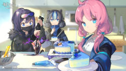 Rule 34 | 3girls, ahoge, andreana (arknights), animal ears, arknights, artist request, belt, black jacket, black mask, blue eyes, blue hair, blue jacket, blue poison (arknights), bowl, cake, cake slice, cake stand, chinese commentary, commentary, copyright name, cupboard, double bun, eating, faucet, food, fork, fur-trimmed hood, fur trim, glaucus (arknights), goggles, goggles on head, hair bun, highres, holding, holding fork, holding plate, hood, hood down, hood up, ice cream, incoming food, indoors, jacket, kitchen, long hair, looking at viewer, low twintails, mask, medium hair, microwave, mouth mask, multicolored hair, multiple girls, octopus, official art, open clothes, open jacket, pastry bag, pink hair, plate, ponytail, purple hair, rectangular pupils, shirt, smile, spatula, squid ink, sundae, twintails, upper body, utensil in mouth, utility belt, watermark, white shirt, window