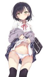 Rule 34 | 1girl, bag, black hair, black skirt, black thighhighs, blush, bow, bow panties, cardigan, close-up, closed mouth, collared shirt, commentary request, crossed bangs, gluteal fold, green eyes, grey cardigan, hair between eyes, hair ornament, highres, junior (toshizou), lifting own clothes, long sleeves, looking at viewer, multiple views, navel, original, panties, pleated skirt, school bag, school uniform, shirt, short hair, simple background, skirt, standing, stomach, thighhighs, thighs, toshizou (0714), underwear, uniform, white background, white panties, white shirt, x hair ornament