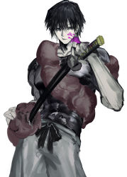 Rule 34 | 1boy, absurdres, black bow, black hair, blood, blood on face, bloody weapon, bow, closed mouth, colored blood, fushiguro touji, grey eyes, hair between eyes, highres, holding, holding sword, holding weapon, inumata ichini, jujutsu kaisen, katana, male focus, purple blood, saliva, scar, scar on face, scar on mouth, signature, simple background, sketch, solo, sword, tentacles, veins, weapon, white background, wrapped up