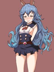 Rule 34 | 1girl, :d, absurdres, animal ears, arms behind back, blue hair, blue skirt, blush, breasts, brown background, commentary request, cowboy shot, earrings, erune, ferry (granblue fantasy), flying sweatdrops, granblue fantasy, hair between eyes, high-waist skirt, highres, jewelry, long hair, looking at viewer, medium breasts, mitiru ccc2, nose blush, open mouth, rabbit ears, shirt, sideboob, simple background, single earring, skirt, sleeveless, sleeveless shirt, smile, solo, v-shaped eyebrows, very long hair, wavy hair, wavy mouth, white shirt