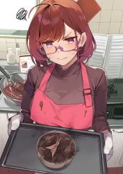 Rule 34 | 1girl, 92m, absurdres, ahoge, apron, breasts, brown sweater, burnt, closed mouth, glasses, gloves, highres, holding, holding tray, kinshi no ane (92m), large breasts, original, pink eyes, red hair, short hair, solo, sweater, tray, turtleneck, turtleneck sweater, upper body, v-shaped eyebrows