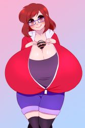 Rule 34 | 1girl, blush, breasts, brown eyes, cleavage, gigantic breasts, glasses, highres, looking at viewer, meltyvixen, poke ball, red hair, smile, solo