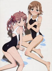 Rule 34 | 00s, 2009, 2girls, :3, absurdres, all fours, ass, back, barefoot, black one-piece swimsuit, blush, bow, brown eyes, brown hair, competition swimsuit, covering breasts, covering privates, detexted, embarrassed, feet, flat chest, frown, full body, hair bow, hair ornament, hairclip, highres, kneepits, legs, long hair, looking back, matching hair/eyes, misaka mikoto, multiple girls, non-web source, one-piece swimsuit, pink eyes, pink hair, school swimsuit, shirai kuroko, short hair, sitting, smile, swimsuit, third-party edit, toaru kagaku no railgun, toaru majutsu no index, tokiwadai school swimsuit, twintails, water, wet, yamashita yuu