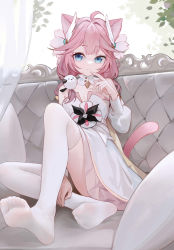 Rule 34 | 1girl, absurdres, animal ears, bird, blue eyes, closed mouth, couch, detached collar, dress, feet, full body, highres, indie virtual youtuber, legs, long hair, long sleeves, looking at viewer, nagata gata, no shoes, on couch, pink hair, puffy long sleeves, puffy sleeves, sakurada hane, sitting, soles, solo, tail, thighhighs, toes, twintails, virtual youtuber, white dress, white thighhighs