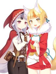 Rule 34 | 2girls, animal ears, belt, black hair, blonde hair, brown gloves, brown hair, cloak, fang, fingerless gloves, fire emblem, fire emblem fates, fox ears, fox tail, fur trim, gloves, grey hair, hair ornament, holding hands, highres, hood, hood up, hooded cloak, japanese clothes, long sleeves, multicolored hair, multiple girls, nintendo, open mouth, parted lips, pouch, red eyes, selkie (fire emblem), shira yu ki, short hair, simple background, streaked hair, tail, velouria (fire emblem), white background, white gloves, wolf ears, wolf tail, yellow eyes