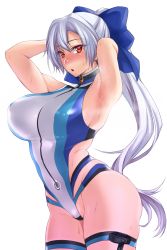 Rule 34 | 1girl, armpits, arms up, blue bow, blue one-piece swimsuit, blush, bow, breasts, competition swimsuit, fate/grand order, fate (series), hair bow, high ponytail, highleg, highleg swimsuit, highres, large breasts, long hair, looking at viewer, multicolored clothes, multicolored swimsuit, namidame, one-piece swimsuit, open mouth, red eyes, silver hair, solo, sweat, swimsuit, thigh strap, tomoe gozen (fate), tomoe gozen (swimsuit saber) (fate), tomoe gozen (swimsuit saber) (first ascension) (fate), transparent background, two-tone swimsuit, white one-piece swimsuit
