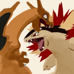 Rule 34 | charizard, claws, commentary request, creatures (company), fangs, fire, game freak, gen 1 pokemon, gen 2 pokemon, looking down, nintendo, no humans, open mouth, pokemon, pokemon (creature), red eyes, tongue, typhlosion, uninori