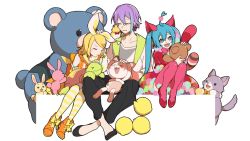 Rule 34 | 1boy, 2girls, animal, animal ears, animal on shoulder, ankle boots, bare shoulders, black footwear, black pants, blonde hair, blue eyes, blue hair, blush stickers, boots, bow, bowtie, bubble skirt, cat ears, cat tail, closed eyes, collarbone, cross-laced footwear, crossed ankles, fang, fingernails, footwear ribbon, frilled sailor collar, frills, full body, grey shirt, hair bow, hair ornament, hairclip, happy, hatsune miku, headpat, highres, jacket, kagamine rin, kamishiro rui, knees up, lace-up boots, legs together, light smile, lineup, long hair, looking down, multicolored hair, multiple girls, nail polish, open clothes, open jacket, orange footwear, ovexxxxx, pants, pantyhose, parted lips, pink legwear, polka dot, polka dot skirt, pom pom (clothes), pom pom hair ornament, project sekai, purple hair, red footwear, ribbon, sailor collar, shirt, shoes, short hair, simple background, sitting, skirt, star (symbol), star hair ornament, star print, streaked hair, striped clothes, striped legwear, striped pantyhose, striped skirt, stuffed animal, stuffed bird, stuffed cat, stuffed chicken, stuffed fox, stuffed rabbit, stuffed raccoon, stuffed toy, stuffed turtle, swept bangs, symbol-shaped pupils, tail, teddy bear, thighhighs, tsurime, twintails, two-tone legwear, vertical-striped clothes, vertical-striped skirt, vocaloid, white background, white legwear, wonderlands x showtime miku, wonderlands x showtime rin, yellow eyes, yellow legwear, yellow nails, yellow ribbon, yellow sailor collar