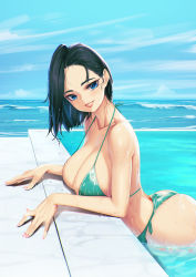 Rule 34 | 1girl, aqua bikini, ass, bikini, black hair, blue eyes, blueorca, breasts, cleavage, collarbone, commentary, fingernails, forehead, halterneck, highres, large breasts, looking at viewer, mole, mole on breast, mole under eye, nail polish, original, parted lips, partially submerged, pool, short hair, side-tie bikini bottom, smile, string bikini, swimsuit, symbol-only commentary, wet