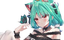 Rule 34 | 1girl, ahoge, animal ears, blush, bow, brooch, bug, butterfly, butterfly on hand, cat ears, detached collar, dress, ear ribbon, expressionless, frown, green hair, hair ornament, heart, heart in eye, hololive, ikazu401, insect, jewelry, knees up, long hair, low twintails, multicolored hair, off-shoulder dress, off shoulder, official alternate costume, pantyhose, red eyes, sitting, skull, skull brooch, solo, symbol in eye, twintails, uruha rushia, uruha rushia (3rd costume), virtual youtuber, wrist cuffs