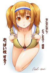 Rule 34 | 10s, 1girl, bare legs, breasts, brown eyes, brown hair, cleavage, collarbone, downblouse, eyebrows, from above, hairband, hands on own chest, i-26 (kancolle), kantai collection, large breasts, looking at viewer, looking up, matching hair/eyes, noise (tsuzuki), shiny skin, short sleeves, short twintails, signature, solo, tareme, text focus, thighs, translated, twintails, twitter username, zipper