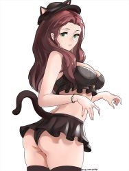 Rule 34 | 1girl, adapted costume, animal ears, animal hat, ass, black panties, black thighhighs, breasts, brown hair, cat ears, cat hat, cleavage, dorothea arnault, fake animal ears, fire emblem, fire emblem: three houses, green eyes, hat, highres, large breasts, long hair, looking at viewer, looking back, midriff, miniskirt, nintendo, panties, paw pose, simple background, skirt, solo, tail, thighhighs, tommy (kingdukeee), twitter username, underwear, white background, wristband