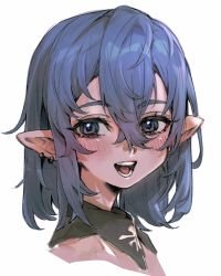 Rule 34 | 1girl, blue eyes, blue hair, blush, earrings, eyelashes, grey background, hair between eyes, hatching (texture), highres, jewelry, long eyelashes, maido mido, open mouth, original, pointy ears, portrait, short hair, simple background, smile, solo, teeth, upper body
