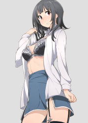 Rule 34 | 10s, 1girl, amami amayu, black bra, black hair, blush, bra, breasts, female focus, garter straps, kantai collection, long hair, looking at viewer, open clothes, shiny skin, shirt, short hair, simple background, skirt, solo, takao (kancolle), thighhighs, underwear, undressing, white shirt