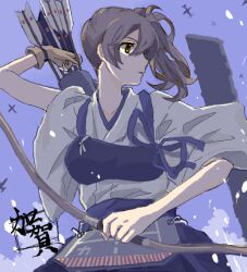 Rule 34 | 1girl, aircraft, airplane, arrow (projectile), bad arm, bad drawr id, bad id, bow (weapon), breasts, brown eyes, brown hair, closed mouth, flight deck, gloves, holding, holding bow (weapon), holding weapon, japanese clothes, kaga (kancolle), kantai collection, megamegaglass, muneate, oekaki, partially fingerless gloves, partly fingerless gloves, purple background, quiver, side ponytail, skirt, small breasts, solo, standing, weapon, yellow eyes, yugake