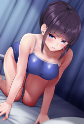Rule 34 | 1girl, all fours, bare arms, bare shoulders, black hair, blue eyes, blue one-piece swimsuit, blush, breasts, closed mouth, collarbone, commentary request, competition swimsuit, huyumitsu, indoors, large breasts, looking at viewer, one-piece swimsuit, original, short hair, solo, swimsuit, thighs