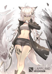 Rule 34 | 1girl, :d, ahoge, animal ears, arknights, artist name, bandeau, black jacket, black shorts, breasts, commentary, copyright name, feet out of frame, gradient background, grey background, grey eyes, groin, hair between eyes, hair ornament, hairclip, holding, holding sword, holding weapon, jacket, lappland (arknights), long hair, long sleeves, looking at viewer, material growth, medium breasts, midriff, navel, open clothes, open jacket, open mouth, oripathy lesion (arknights), scar, scar across eye, scar on face, short shorts, shorts, silver hair, smile, solo, standing, stomach, strapless, sword, tail, thighs, tube top, weapon, weyas kayur, white background, wolf ears, wolf tail