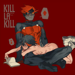 Rule 34 | 10s, 1boy, 1girl, ass, black hair, black skin, blush, book, breasts, butt crack, colored sclera, colored skin, dark skin, dark-skinned male, kill la kill, lying on lap, lying on person, matoi ryuuko, medium breasts, muscular, musical note, nude, open book, personification, quaver, reading, red background, red hair, rei (sanbonzakura), senketsu, shoes, short hair, sitting, sneakers, spoken musical note, sweat, yellow sclera