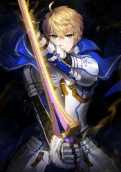 Rule 34 | 1boy, armor, arthur pendragon (fate), blonde hair, breastplate, cape, excalibur (fate/prototype), fate/prototype, fate (series), fur trim, gauntlets, gijang, glowing, gorget, green eyes, highres, holding, holding sword, holding weapon, male focus, smile, solo, standing, sword, weapon