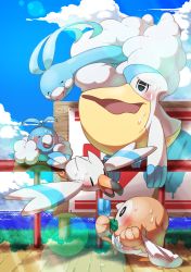 Rule 34 | absurdres, altaria, beak, bird, blush, cloud, commentary request, creatures (company), day, eye contact, fence, food, game freak, gen 3 pokemon, gen 7 pokemon, highres, holding, hot, lens flare, looking at another, nintendo, open mouth, outdoors, owl, pelipper, pokemon, pokemon (creature), popsicle, rowlet, sky, swablu, sweat, taisa (lovemokunae), water, wingull
