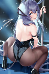 Rule 34 | 1girl, :p, absurdres, anchor, ass, azur lane, back, bare shoulders, black footwear, black leotard, blue eyes, blush, breasts, brown pantyhose, dark background, denchu (kazudentyu), from behind, hair intakes, high heels, highres, large breasts, leotard, light, looking at viewer, looking back, new jersey (azur lane), new jersey (exhilarating steps!) (azur lane), official alternate costume, pantyhose, playboy bunny, pole, purple hair, solo, spread legs, squatting, stripper pole, thighband pantyhose, tongue, tongue out, v-shaped eyebrows