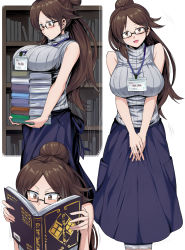 Rule 34 | 1girl, black-framed eyewear, blue skirt, book, book stack, bookshelf, breast rest, breasts, brown eyes, brown hair, carried breast rest, carrying, collage, commentary request, glasses, grey sweater, hair ornament, highres, holding, holding book, id card, impossible clothes, impossible sweater, lanyard, large breasts, librarian, library, long hair, long skirt, original, parted bangs, pocket, reading, ribbed sweater, semi-rimless eyewear, shimure (460), skirt, sleeveless, sleeveless turtleneck, smile, solo, sweatdrop, sweater, turtleneck, under-rim eyewear, v arms