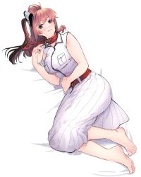 Rule 34 | 1girl, barefoot, bed sheet, belt, black eyes, blush, breast pocket, breasts, brown hair, dress, full body, hair ornament, highres, kantai collection, long hair, looking at viewer, lying, medium breasts, on side, pocket, ponytail, red belt, red scarf, saratoga (kancolle), scarf, shishanmo, side ponytail, sleeveless, sleeveless dress, smile, smokestack hair ornament, white dress