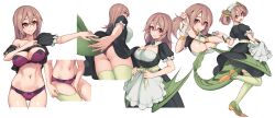 Rule 34 | 1girl, apron, breasts, brown hair, cosplay, dragon horns, dragon tail, dragon wings, dressing, duel monster, fake horns, fake tail, fake wings, glasses, green eyes, green thighhighs, highres, horns, juliet sleeves, large breasts, long sleeves, maid, maid apron, maid headdress, medium hair, navel, over-rim eyewear, parlor dragonmaid, parlor dragonmaid (cosplay), progression, puffy sleeves, rotix, semi-rimless eyewear, tail, thighhighs, white background, wings, wrist cuffs, yu-gi-oh!, yu-gi-oh! duel monsters