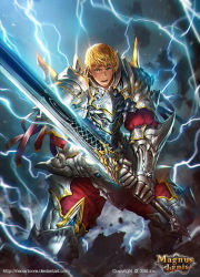 Rule 34 | 1boy, armor, arthur the thunder king, blonde hair, blue eyes, copyright name, earrings, facial hair, gauntlets, greaves, jewelry, lightning, magnus ignis, male focus, neoartcore, official art, pauldrons, shiny clothes, short hair, shoulder armor, solo, stubble, sword, watermark, weapon, web address