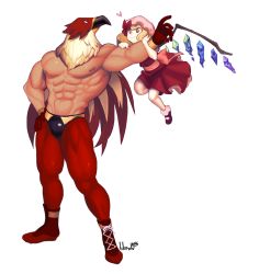 Rule 34 | 1boy, 1girl, absurdres, ankle boots, arm hug, bare pectorals, blonde hair, blush, boots, bow, crossover, crystal, dated, demon wings, dress, fatal fury, flandre scarlet, flying, full body, garou: mark of the wolves, griffon mask, hat, heart, hetero, highres, holding another&#039;s arm, hug, lilirulu, luchador, m.u.g.e.n, mask, mob cap, muscular, pectorals, red dress, red eyes, red footwear, ribbon, shoelaces, side ponytail, signature, simple background, size difference, smile, snk, spandex, the king of fighters, the king of fighters 2003, the king of fighters xi, topless male, touhou, vampire, white background, wings, wrestler, wrestling mask, wrestling outfit