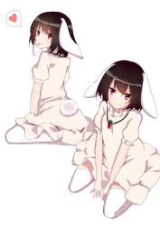 Rule 34 | 1girl, :p, animal ears, bad id, bad pixiv id, between legs, carrot necklace, closed mouth, dress, ears down, frilled sleeves, frills, hand between legs, heart, inaba tewi, invisible chair, jewelry, looking at viewer, looking back, multiple views, necklace, pendant, pink eyes, puffy short sleeves, puffy sleeves, rabbit ears, rabbit girl, rabbit tail, ribbon-trimmed dress, short hair, short sleeves, simple background, sitting, smile, speech bubble, spoken heart, tail, thighhighs, tongue, tongue out, touhou, tsurime, wariza, white background, white dress, white thighhighs, xialuluo (sharuro), zettai ryouiki