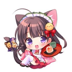 Rule 34 | 1girl, :d, ahoge, animal ear fluff, animal ears, apron, bell, bird hair ornament, black footwear, blush, bow, brown hair, cat ears, cat girl, cat tail, chibi, cup, floral print, food, full body, hair bow, hair ornament, holding, holding tray, japanese clothes, jingle bell, kimono, long hair, lowres, maid, maid apron, maid headdress, open mouth, original, pinching sleeves, pink kimono, piyodera mucha, pleated skirt, print bow, pudding, purple bow, purple eyes, red bow, red skirt, simple background, skirt, sleeves past wrists, smile, solo, tail, tail bell, tail bow, tail ornament, thighhighs, tray, very long hair, wa maid, white apron, white background, white thighhighs, wide sleeves