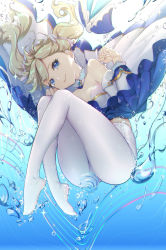 Rule 34 | 1girl, absurdres, air bubble, barbara (genshin impact), blonde hair, blue eyes, bubble, cameltoe, closed mouth, dress, drill hair, feet, frilled dress, frills, full body, genshin impact, hd-hlh-3h, highres, idol, legs, looking at viewer, musical note, pantyhose, smile, twin drills, twintails, underwater, water, white dress, white pantyhose
