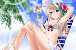 Rule 34 | 1girl, arm up, armpits, bikini, blue eyes, blue sky, blush, bow, breasts, chair, cleavage, closed mouth, cloud, cloudy sky, commentary request, crazy straw, crossed legs, cup, day, drink, drinking glass, drinking straw, flower, hand up, hat, hat bow, hat flower, head tilt, holding, holding cup, holding drinking glass, kantai collection, light brown hair, long hair, looking at viewer, lounge chair, medium breasts, neko danshaku, outdoors, pink flower, red flower, red rose, rose, sitting, sky, smile, solo, sun hat, swimsuit, treble clef, union jack, warspite (kancolle), white bikini, white hat