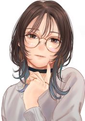Rule 34 | 1girl, absurdres, bad id, bad pixiv id, brown eyes, brown hair, choker, earrings, glasses, grey shirt, hand on own face, hand up, highres, jewelry, long hair, long sleeves, looking at viewer, nail polish, original, parted lips, saitou (lynx-shrike), shirt, simple background, solo, white background