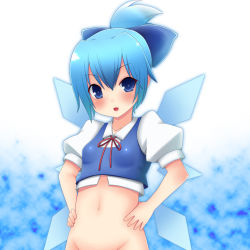 Rule 34 | 1girl, adapted costume, alternate hairstyle, bad id, bad pixiv id, blue eyes, blue hair, blush, bottomless, cirno, groin, hair up, hands on own hips, matching hair/eyes, nase, navel, ponytail, short hair, solo, touhou, wings