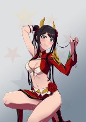 Rule 34 | 1girl, :q, arm up, asymmetrical sleeves, bare legs, black hair, blush, breasts, cleavage, double bun, flower, gradient background, green eyes, hair bun, hair flower, hair ornament, highres, horns, kana (peropepero), kneeling, long hair, medium breasts, midriff, nail polish, navel, no panties, side slit, simple background, skirt, solo, tongue, tongue out, turtleneck, twintails, uneven sleeves
