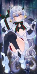 Rule 34 | 1girl, absurdres, ahoge, bell, bikini, bikini top only, black gloves, blush, bow, box, breasts, capelet, chaldea uniform, dress, elbow gloves, fate/grand order, fate (series), full body, fur-trimmed capelet, fur trim, gift, gift box, gloves, green bow, green ribbon, headpiece, highres, holding, holding gift, jeanne d&#039;arc alter santa lily (fate), long hair, looking at viewer, q (f72637285), ribbon, small breasts, snowflakes, solo, striped bow, striped ribbon, swimsuit, white capelet, white dress, white hair, yellow eyes